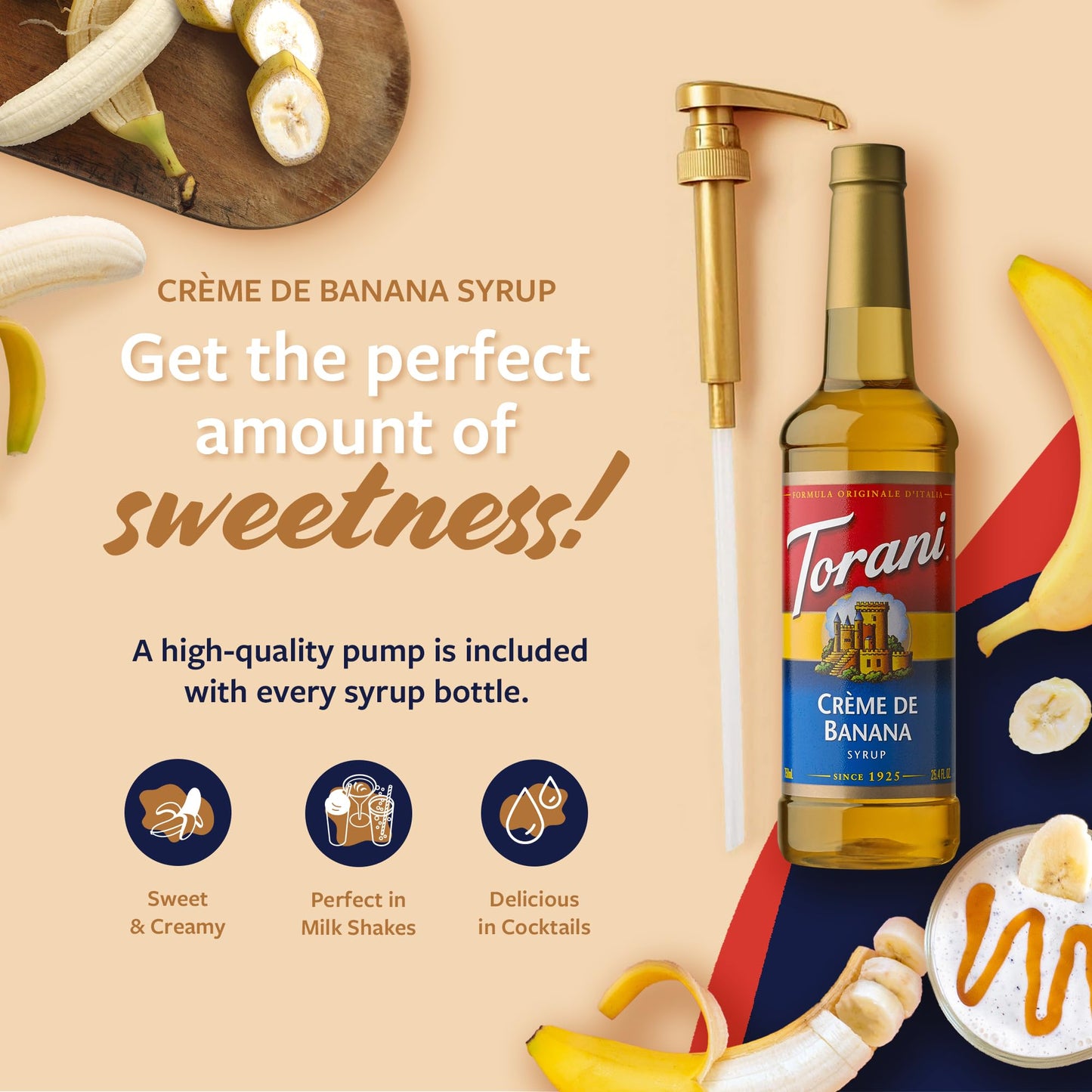 Torani Crme De Banana Syrup For Drinks & Desserts, Pump Included, 25.4 Fl Oz