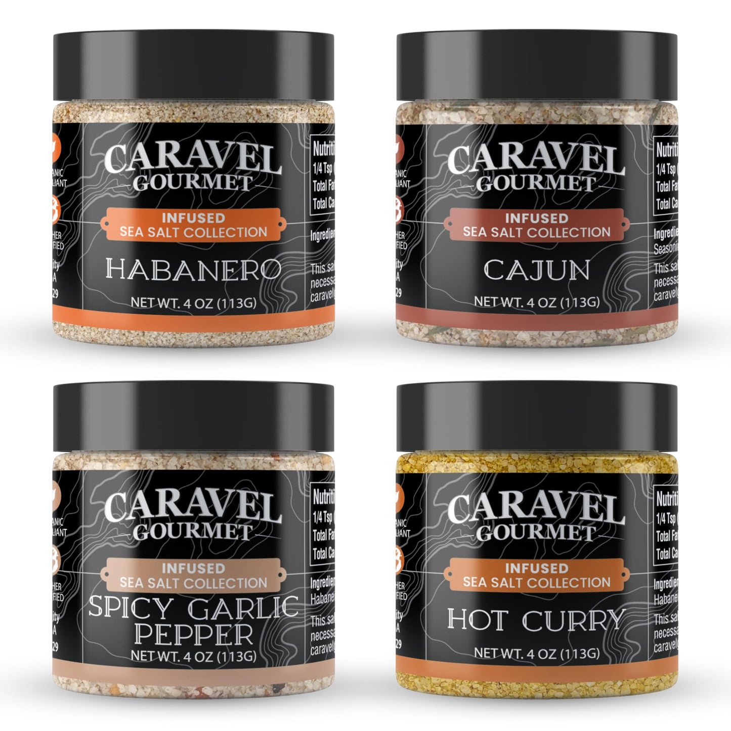 Spicy Sea Salt Mega Sampler: Spicy Garlic Pepper, Habanero, Jalapeno and Cajun Sea Salts, 4 oz Jar 4-Pack, Caravel Gourmet