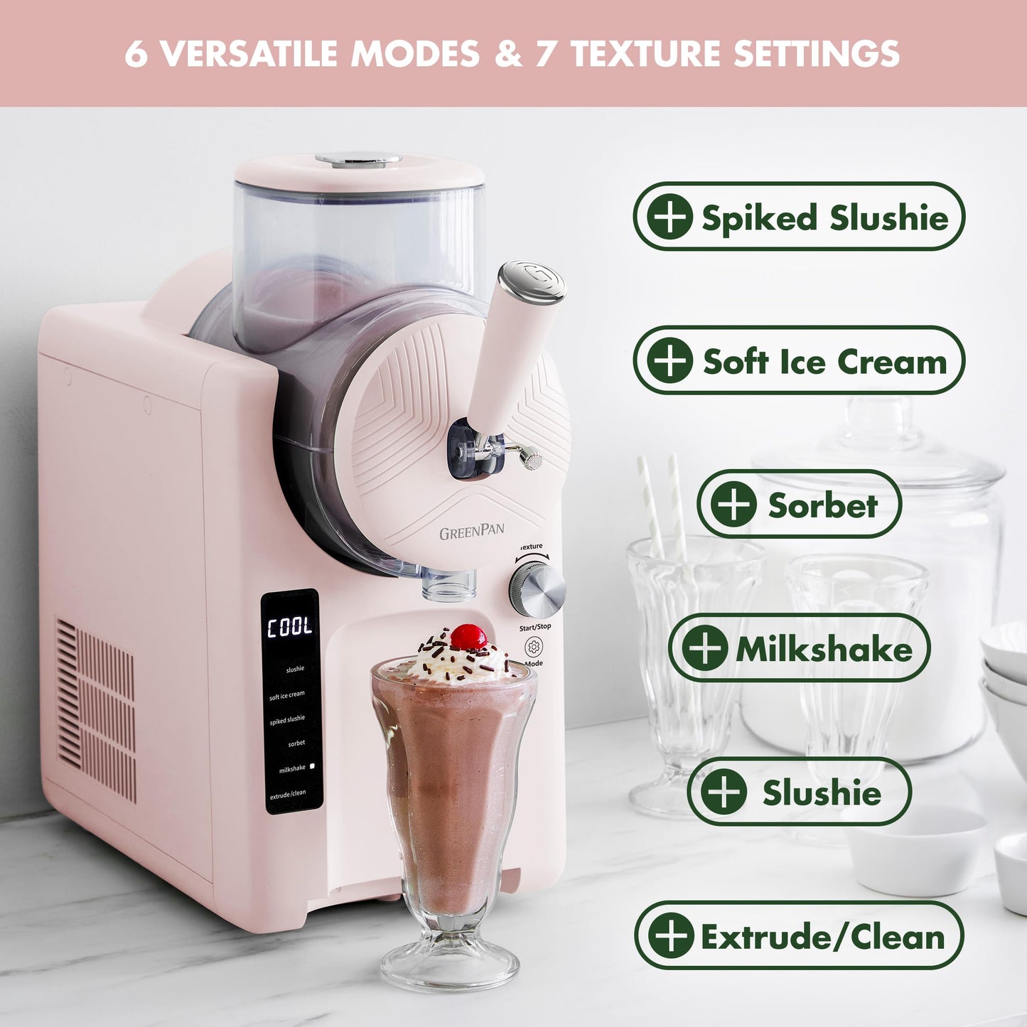GreenPan Ice Cream Maker & Slushie Machine, 4 Pint, Strawberry Pink, Model CC010322-001, Self-Cleaning, 6 Modes, 7 Textures