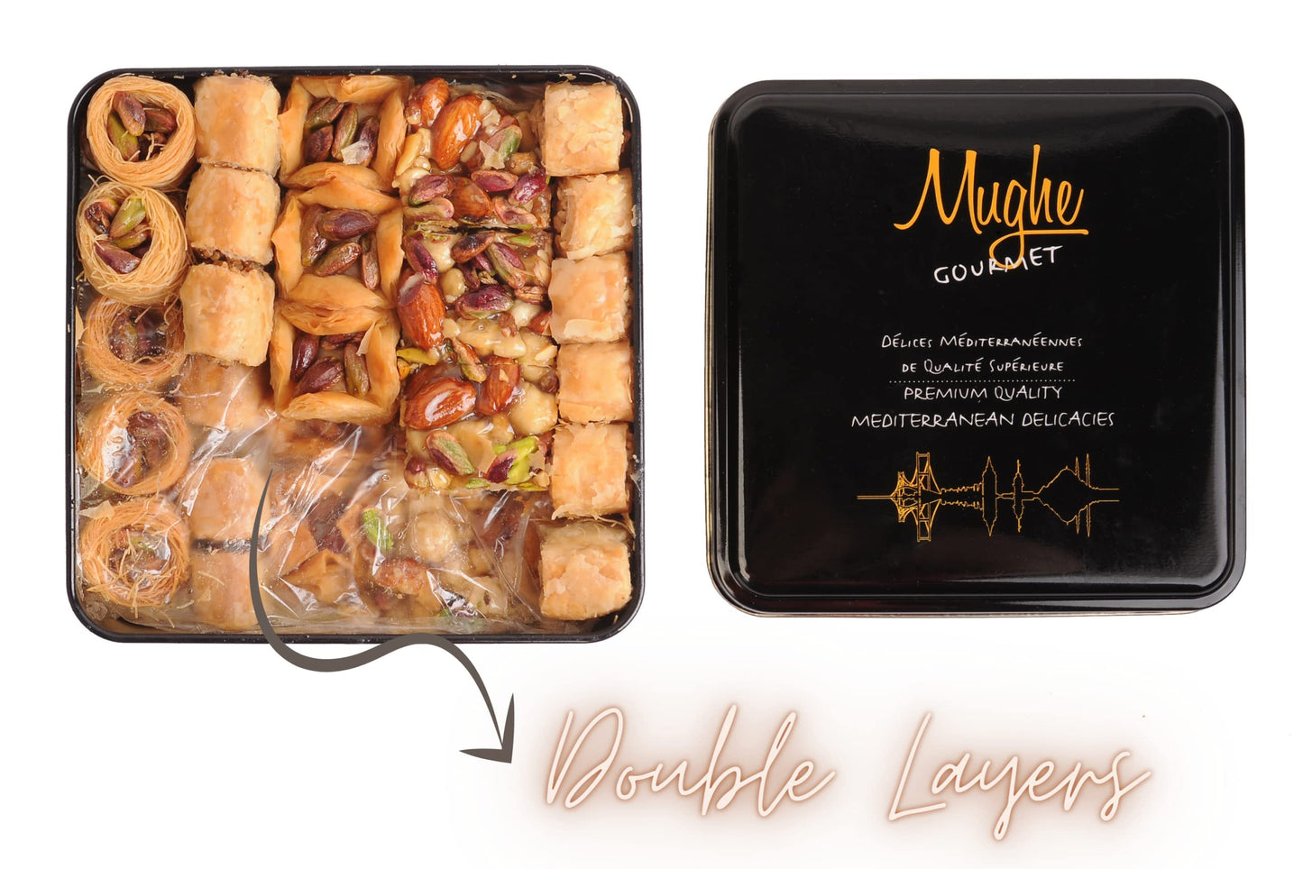 Mughe Gourmet Luxury Baklava Pastry Metal Gift Box - 1.65lb/750g - Rich Pistachios, Walnuts, Cashews Double Layered Halal Baklaw
