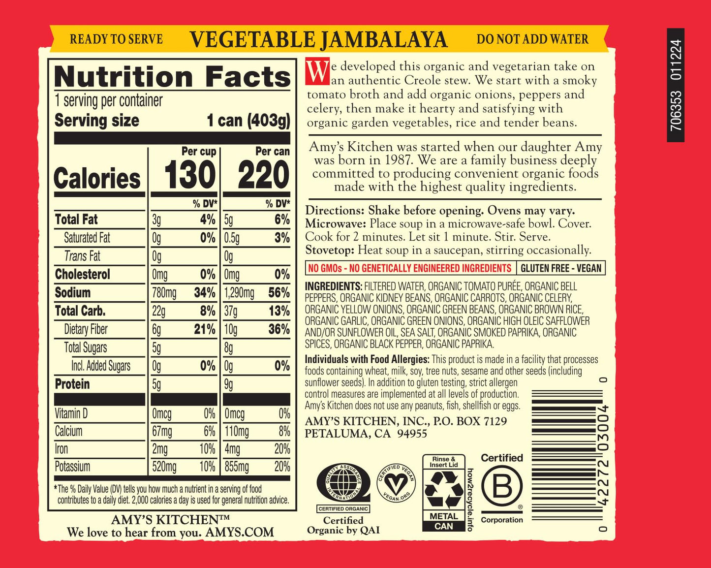 Amy s Organic Vegetable Jambalaya With Red Beans Soup, Gluten Free, Non GMO, 14.2 Ounces (Pack Of 12)