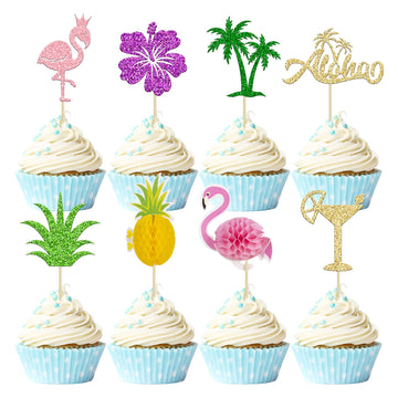 Gyufise 32Pcs Tropical Cupcake Toppers Aloha Cupcake Picks Flamingo Cake Toppers Hawaiian Luau Cake Decorations For Aloha Baby S
