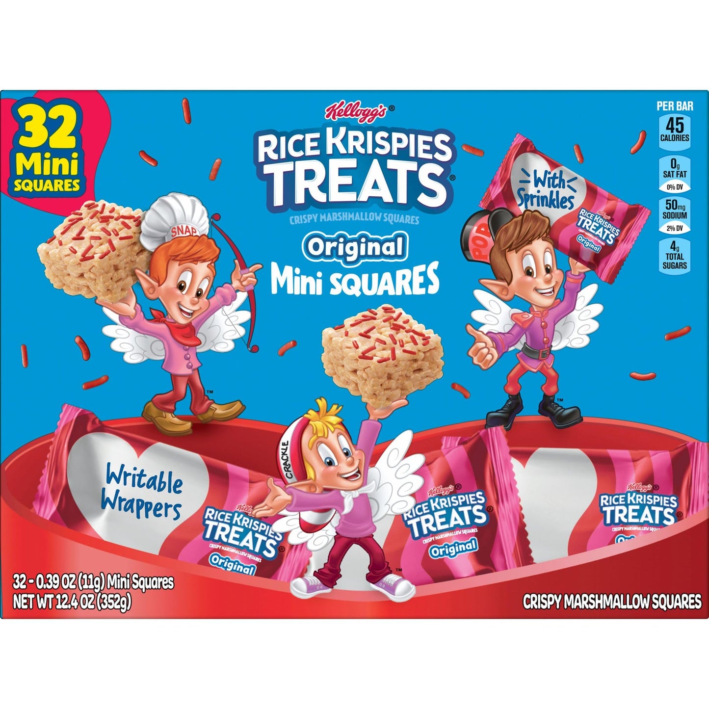 Rice Krispies Treats Mini Marshmallow Cereal Bars, Valentine'S Day Snacks, Original With Holiday Sprinkles, 12.4Oz Box (32 Count