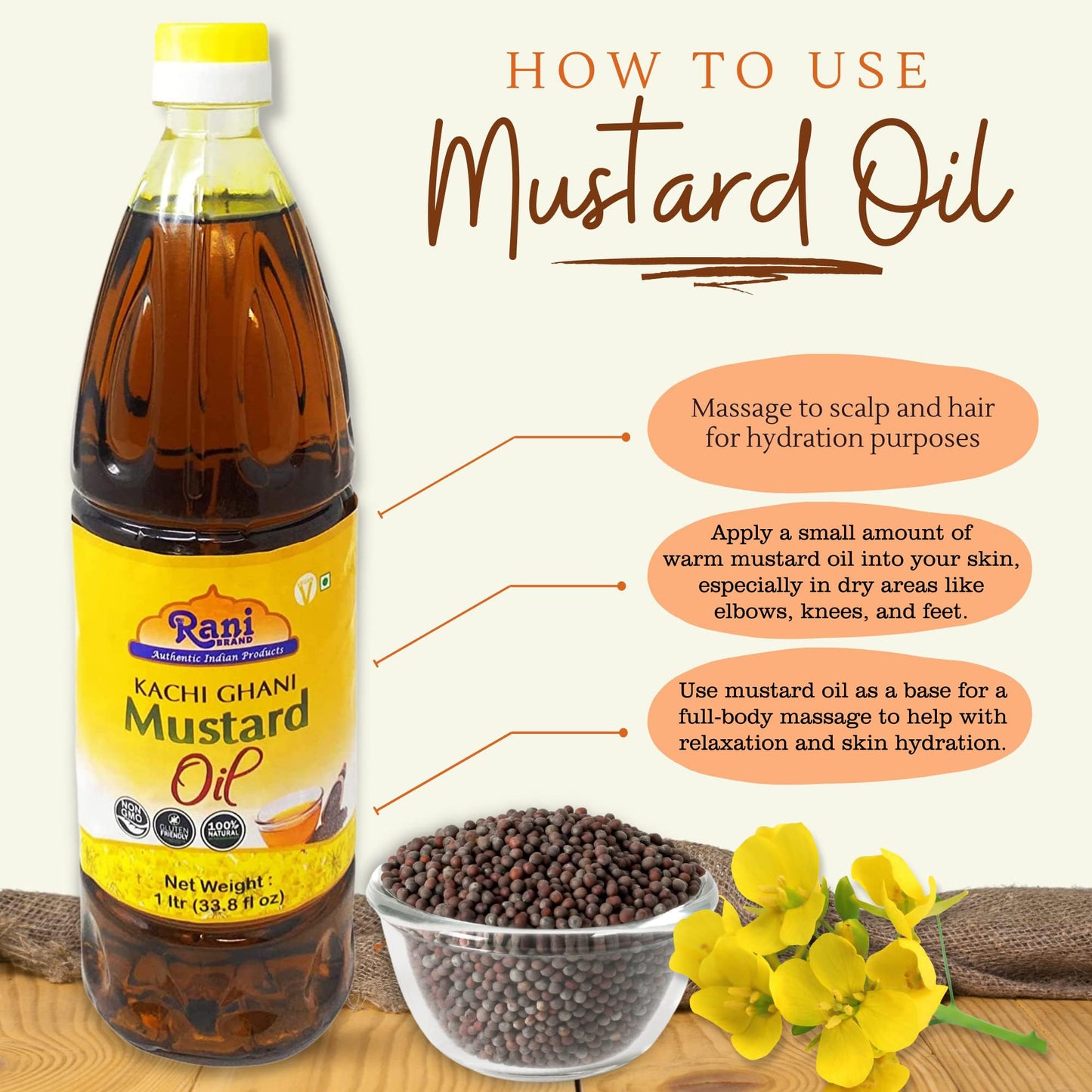 Rani Mustard Oil (Kachi Ghani) 33.8 Ounce (1 Liter) NON-GMO | Gluten Free | Vegan | 100% Natural | Kosher