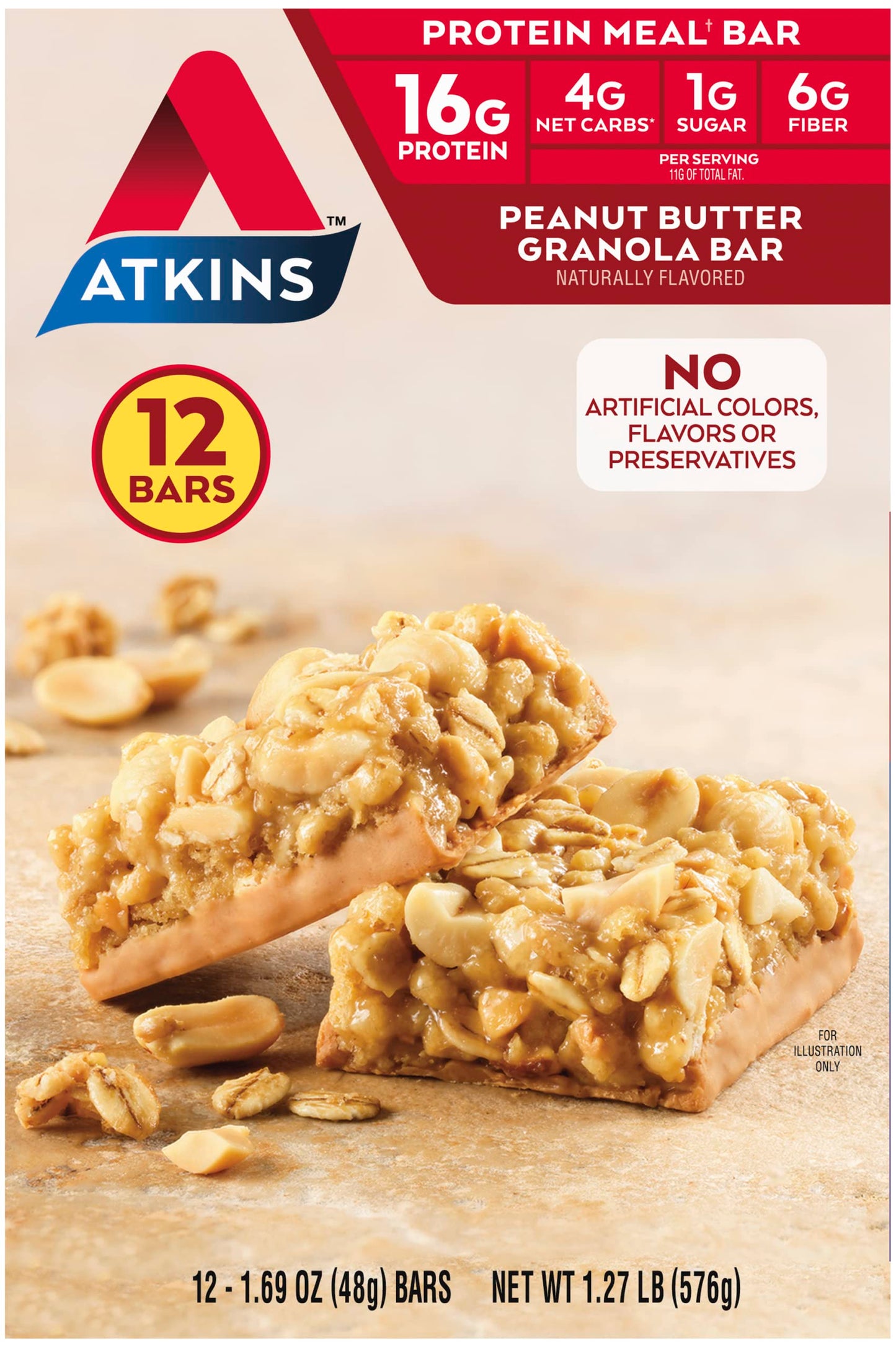 Atkins Peanut Butter Granola Protein Meal Bar, High Fiber, 16g Protein, 1g Sugar, 4g Net Carb, Meal Replacement, Keto Friendly, 