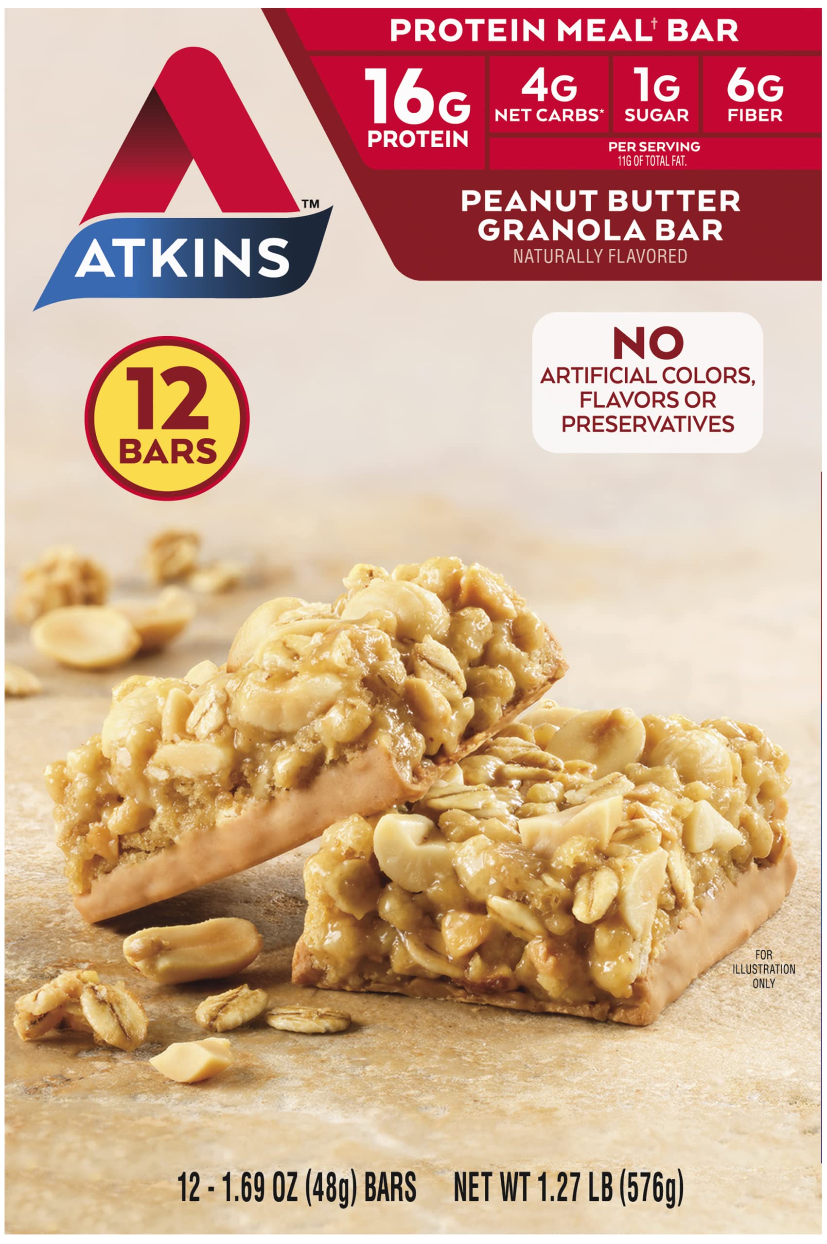 Atkins Peanut Butter Granola Protein Meal Bar, High Fiber, 16g Protein, 1g Sugar, 4g Net Carb, Meal Replacement, Keto Friendly, 