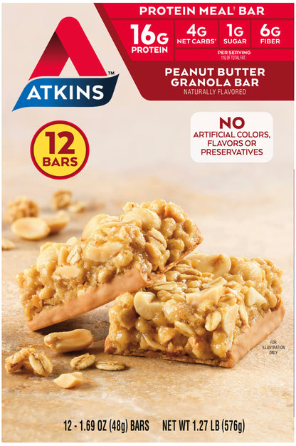 Atkins Peanut Butter Granola Protein Meal Bar, High Fiber, 16g Protein, 1g Sugar, 4g Net Carb, Meal Replacement, Keto Friendly, 