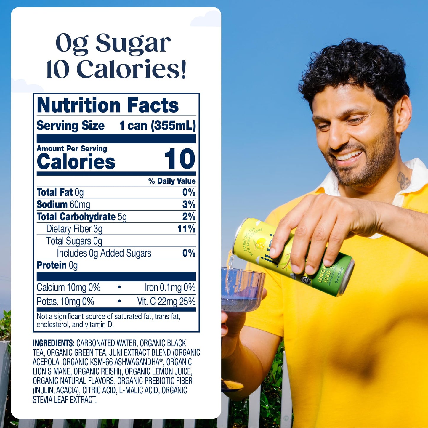 Juni Sparkling Adaptogen Drink with Ashwagandha  Lions Mane & Reishi Mushrooms | Green Tea for Focus  Zero Sugar  10 Calories  Organic | Non fermented-style flavoric Drinks - Lemonade Iced Tea 12 pack