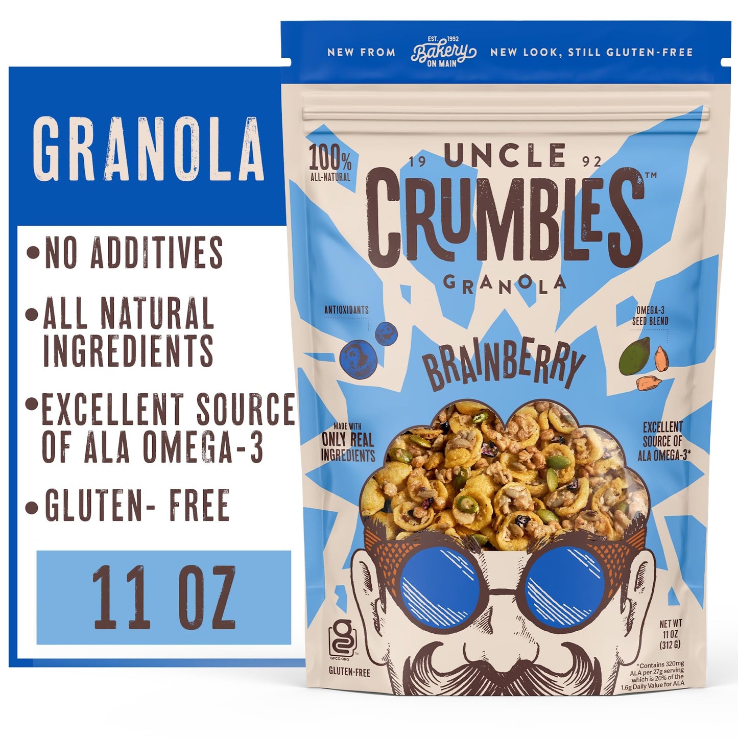 Uncle Crumbles Brainberry Granola, Gluten-Free, Non-Gmo Project Verified, Kosher, 16G Of Whole Grains Per Serving, Blueberry, 11