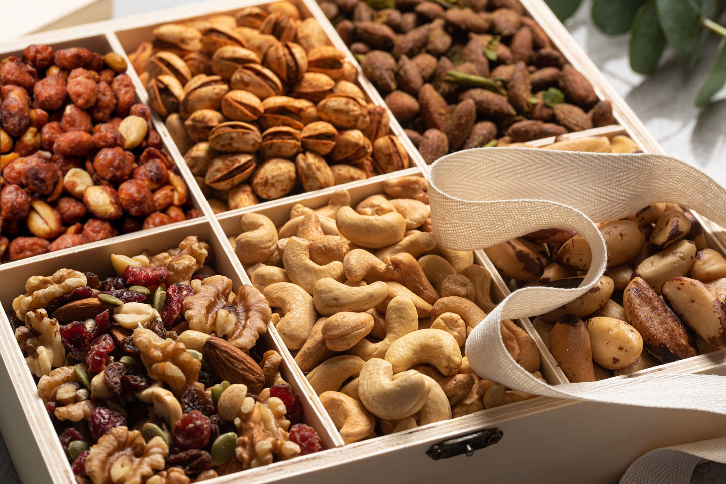 BONNIE AND POP Nut Gift Basket - Gourmet Snack Box in Reusable Wooden Crate, 6 Sections, White/Wood