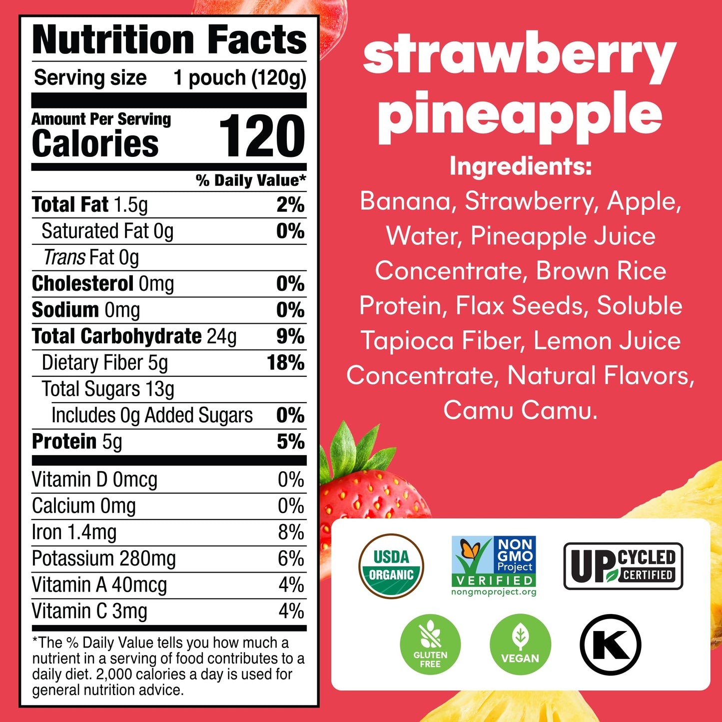 Noka Superfood Fruit Smoothie Pouches, Strawberry Pineapple, Healthy Snacks With Flax Seed, Prebiotic Fiber And Plant Protein, V