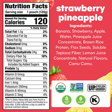Noka Superfood Fruit Smoothie Pouches, Strawberry Pineapple, Healthy Snacks With Flax Seed, Prebiotic Fiber And Plant Protein, V