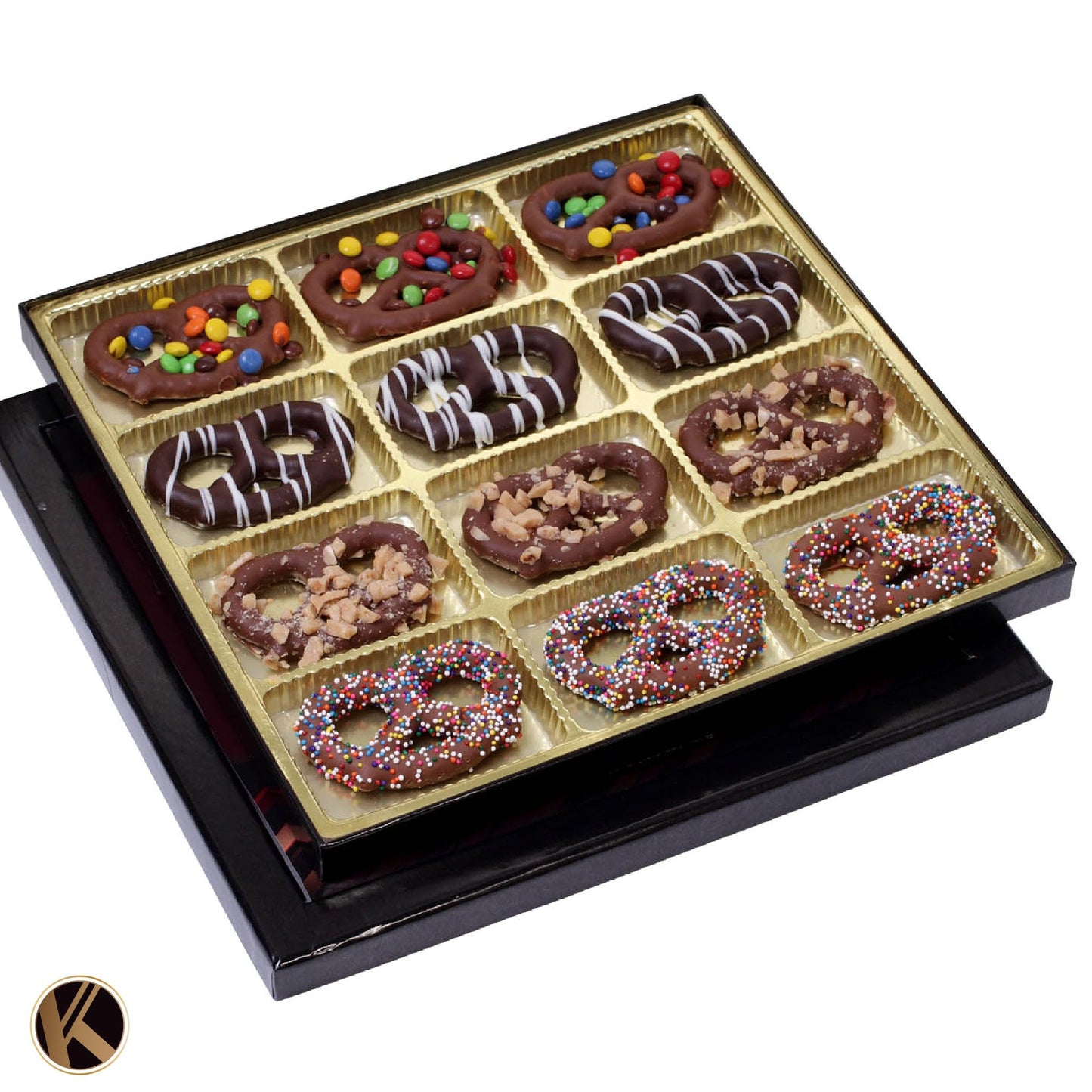 Kremery Creamy Chocolate Cravings - Fathers Day, Chocolate Covered Pretzel Twists Gift Basket, In Sectional Gift Box (12 Pretzel