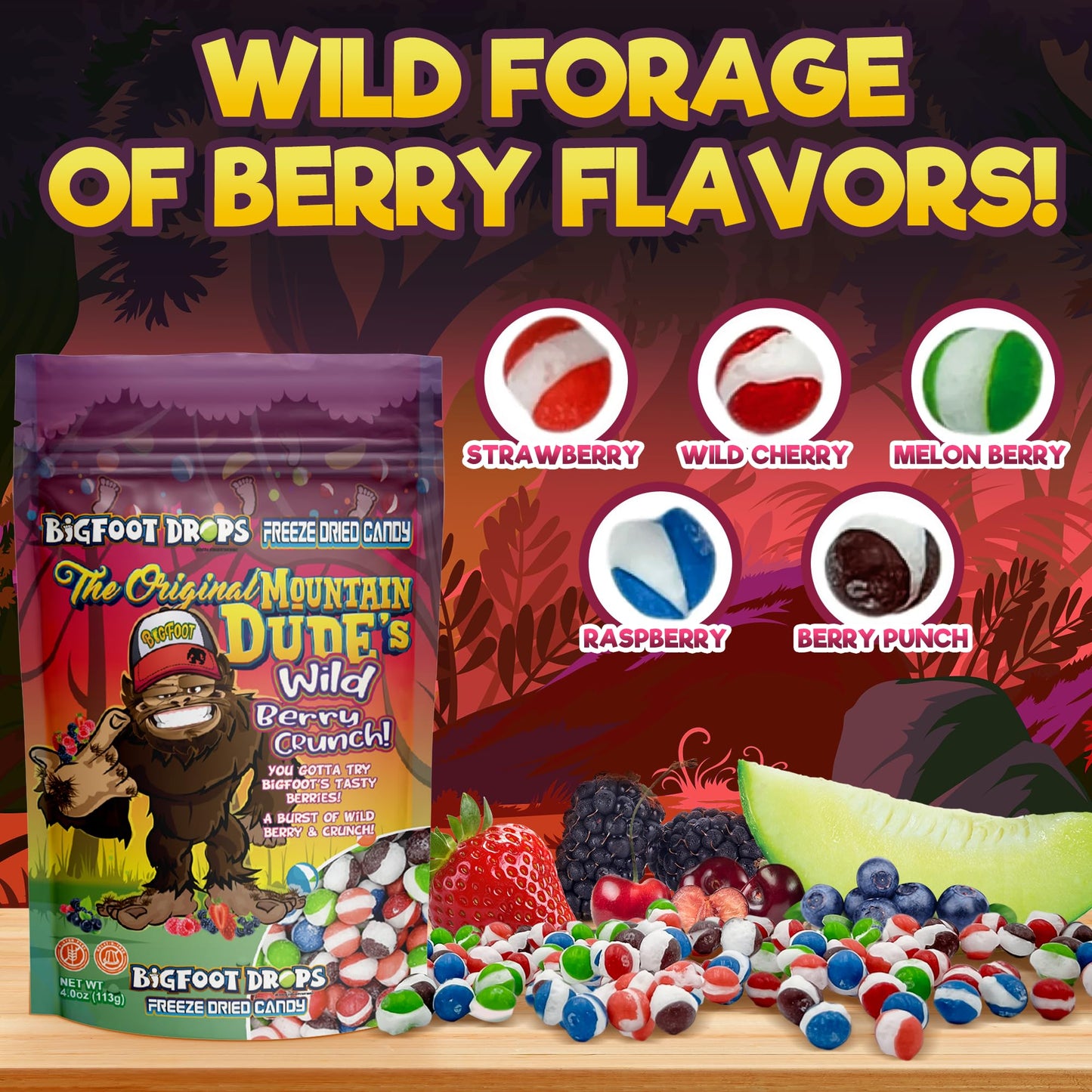 The Original Mountain Dudes Wildberry Crunch, Freeze Dried Candy, 4 Oz, Assorted Berry Punch, Melon, Strawberry, Cherry, Raspberry, Bag Pouch, Ideal Gift Snack