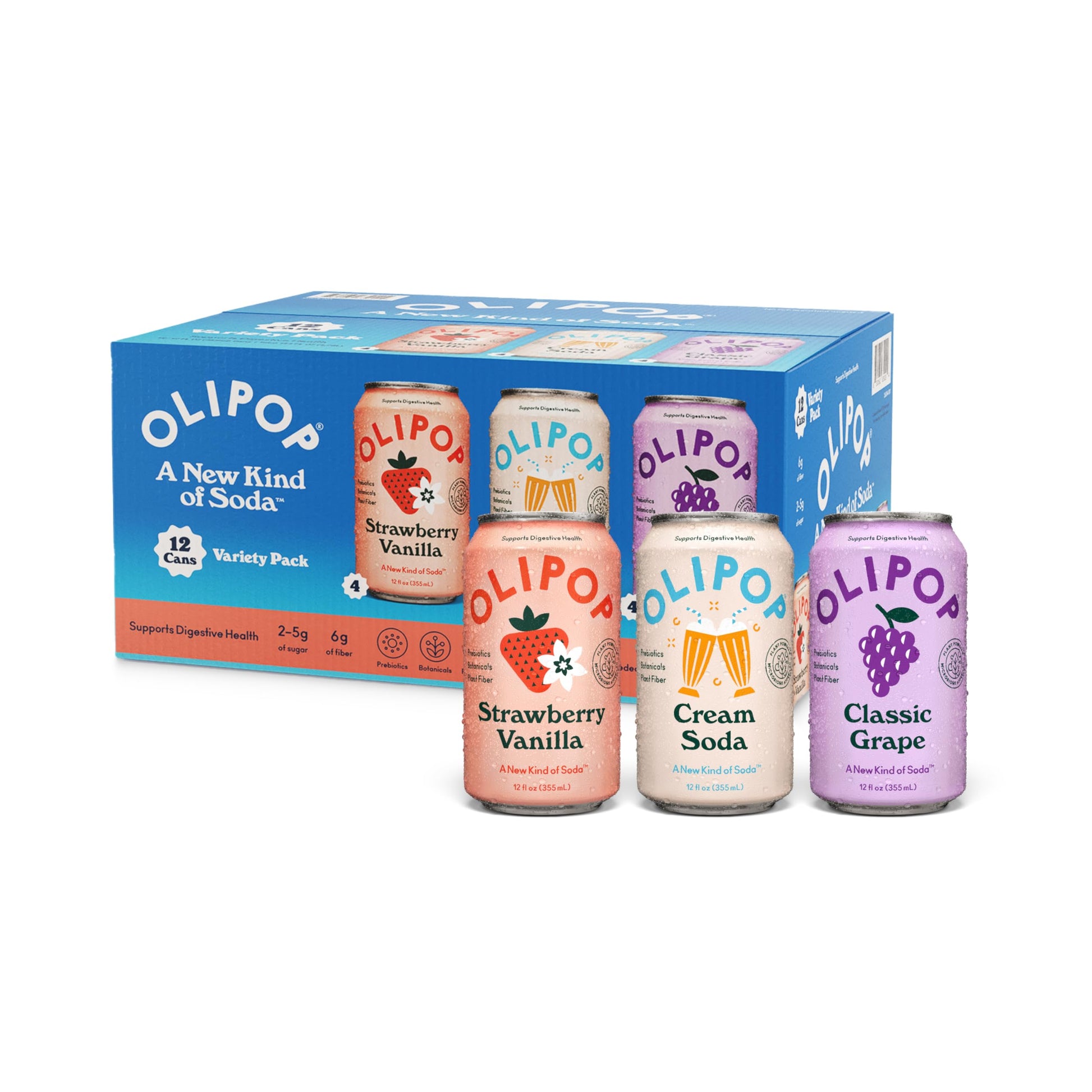 OLIPOP Prebiotic Soda Pop  3 Flavor Variety Pack  Prebiotics  Fiber  and Botanicals  Gluten Free  Vegan  GMO Free  12oz (12-Cans)