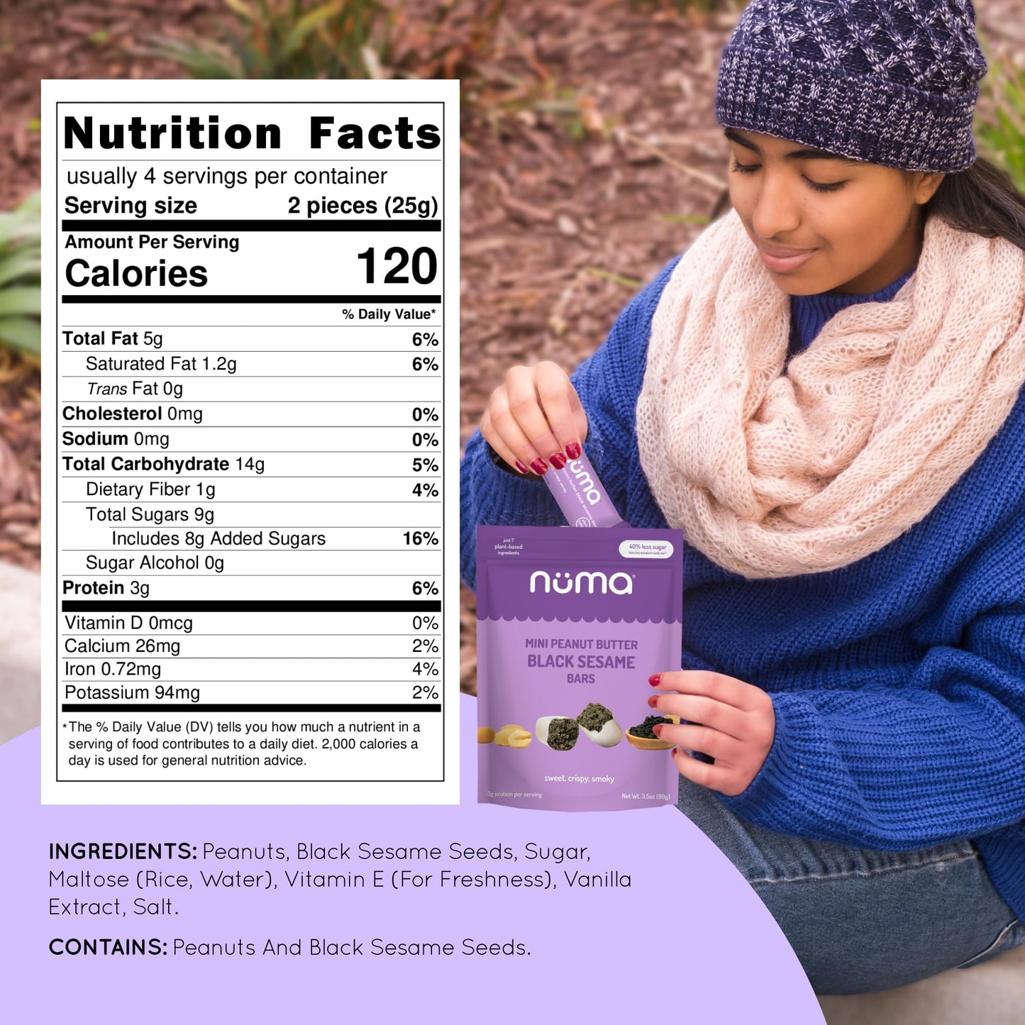 Mini Peanut Butter Black Sesame Bars - Vegan, Low Sugar, High Protein, Low Calorie, All Natural, Gluten Free - Crunchy Plant Bas