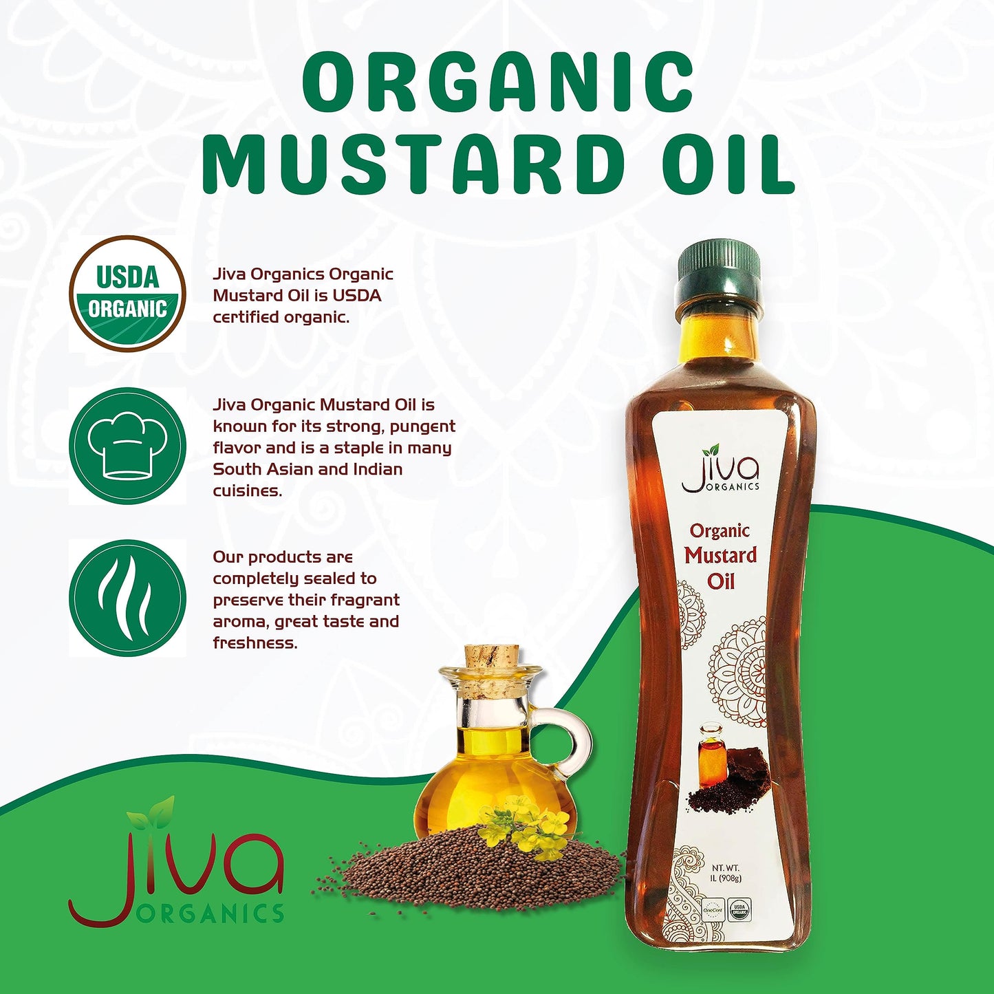 Jiva Organics Organic Mustard Oil 1 Liter Bottle (33.8 Ounce) - Non-GMO, Premium, Cold Pressed