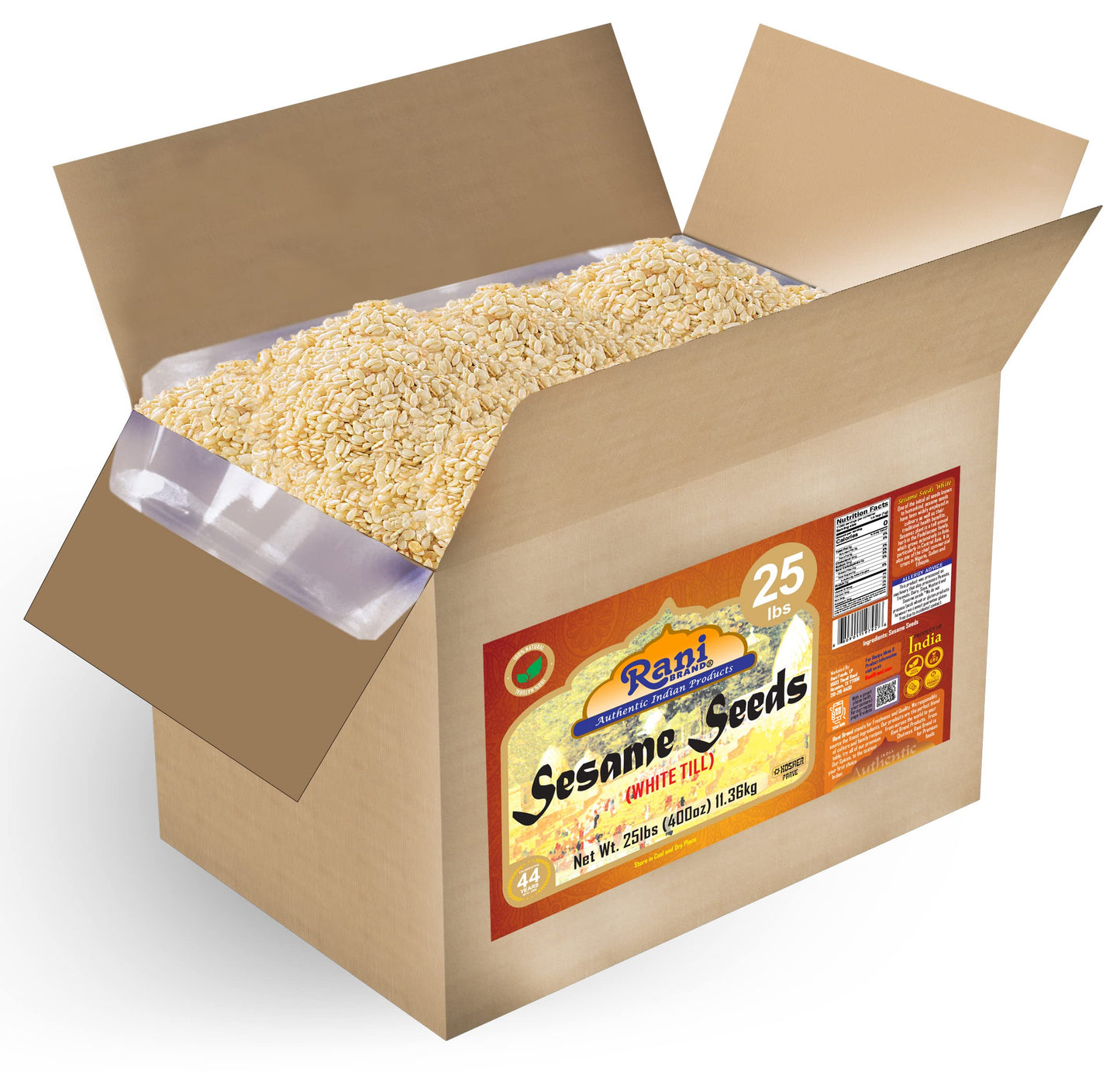 Rani Sesame Seeds Whole White, Hulled (Till) 400oz (25lbs) 11.36kg Bulk Box ~ All Natural | Gluten Friendly | NON-GMO | Vegan | 