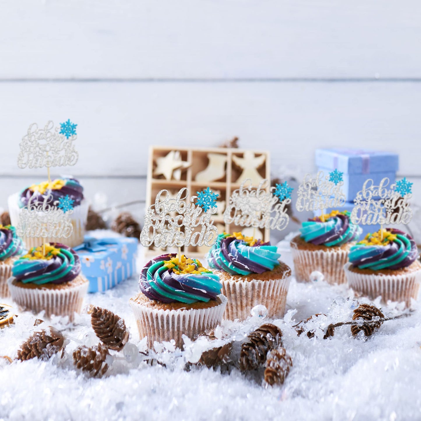 Gyufise 24Pcs Snowflake Baby It's Cold Outside Cupcake Toppers Blue Glitter Silver Baby It's Cold Outside Cupcake Picks for Wint