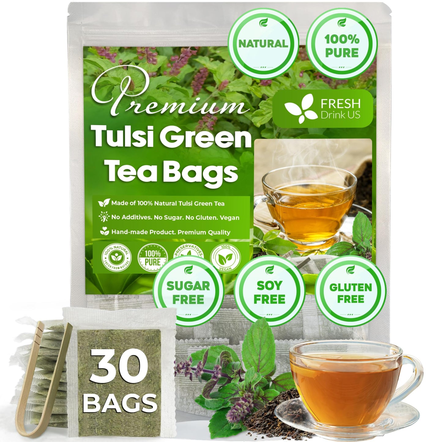 FRESHDRINKUS Tulsi Green Tea Bags, 100% Natural, Vegan, 30 Tea Bags