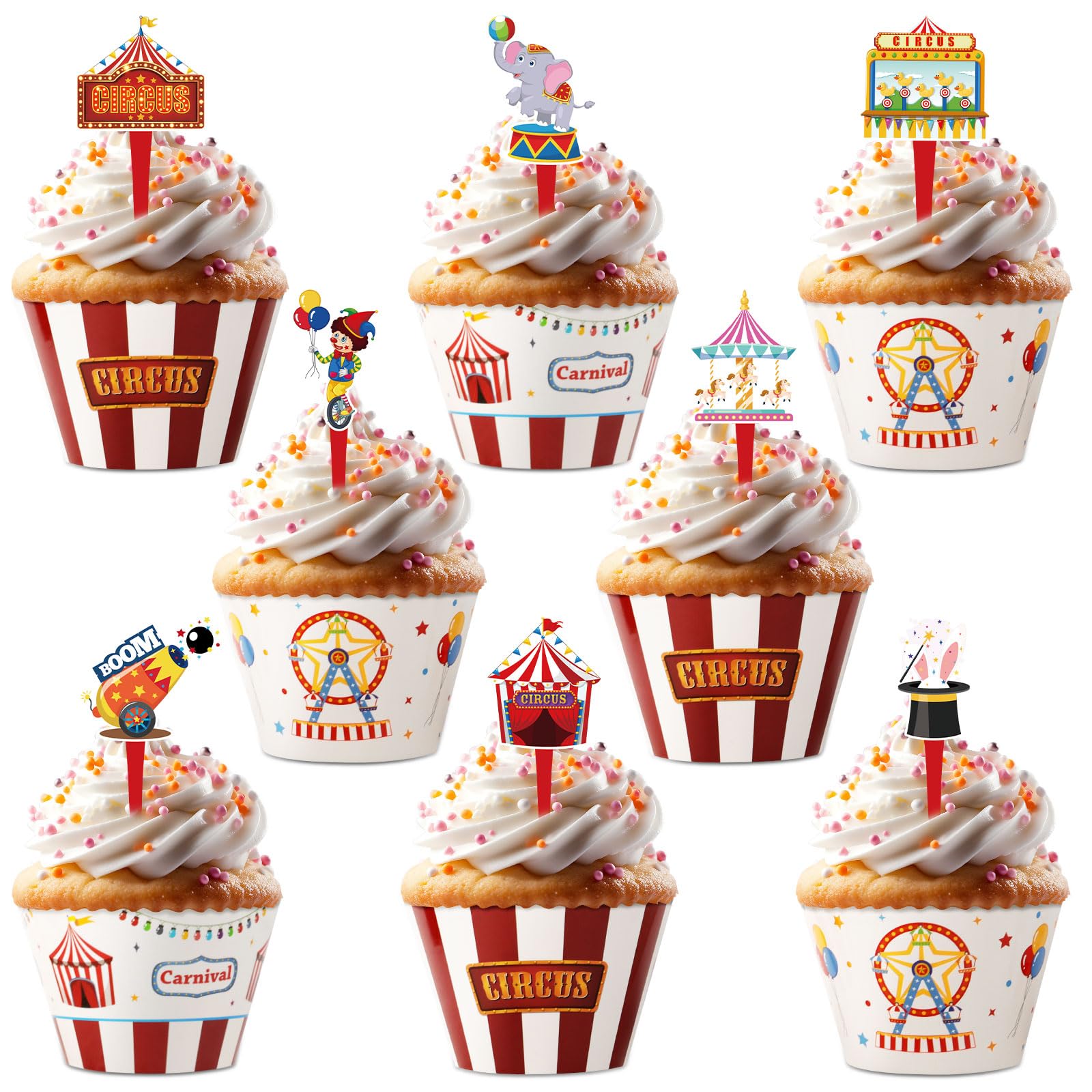 Hxezoc 48 Pack Circus Cupcake Toppers and Wrappers, Carnival Theme Birthday Party, Colored, 0.1 x 0.05 inches