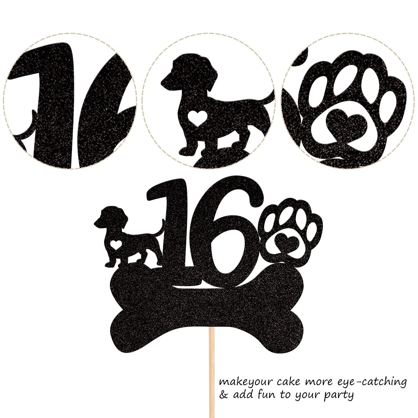 ZHUOWEISM 16th Birthday Cake Topper Black Glitter Dog Paw Design Paper Decoration for Kids Party Supplies