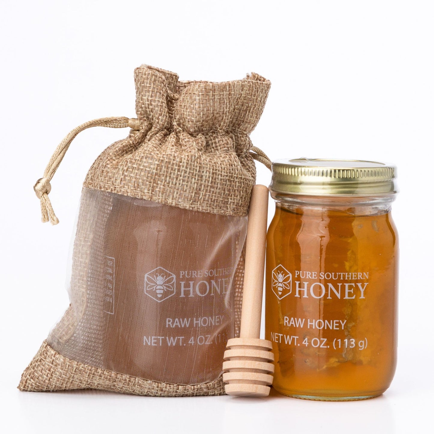 Pure Southern Honey Mini Raw Unfiltered Honey Gourmet Gift Bag with Dipper, 4 oz, All-Natural Sweetener, Glass Jar