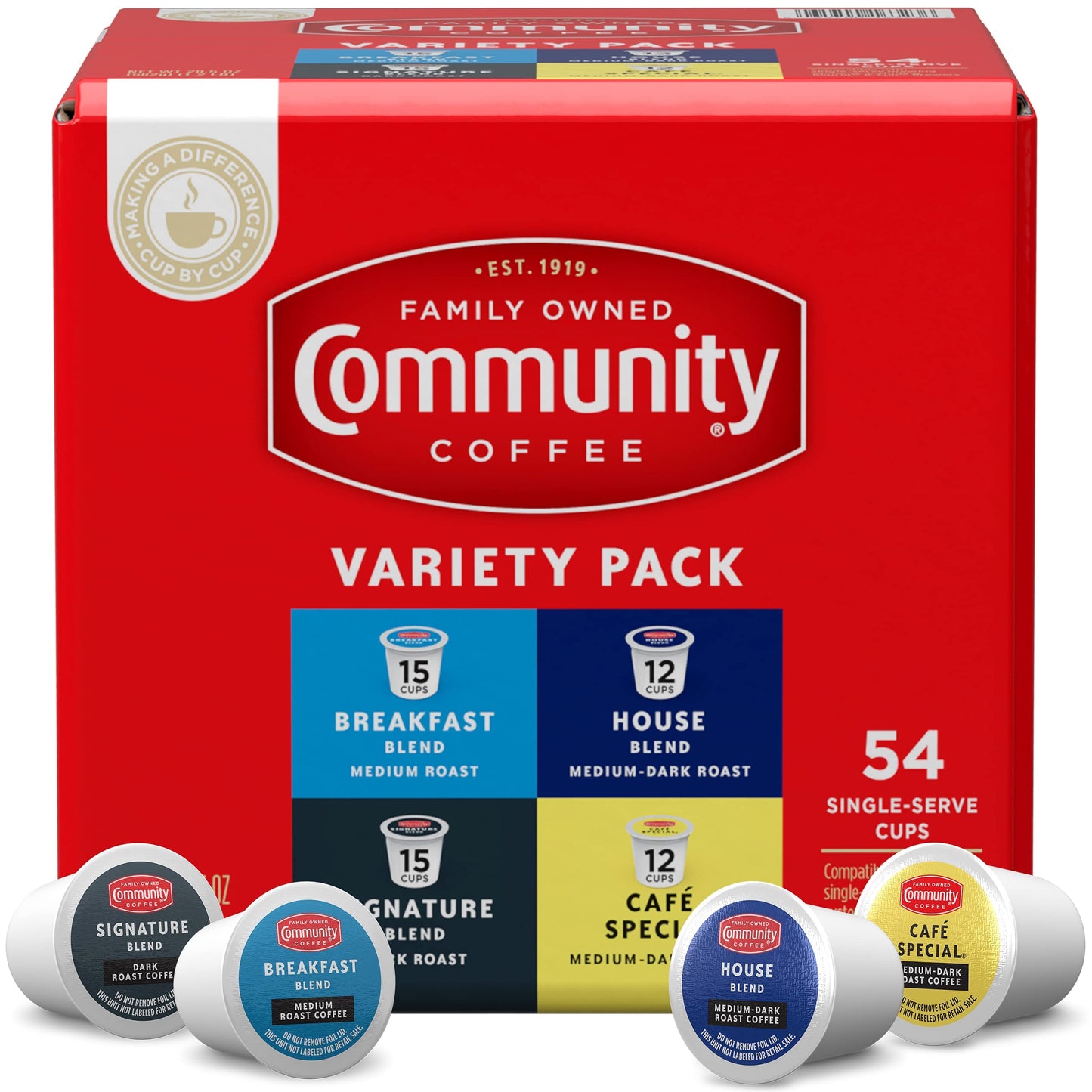 Community Coffee Variety Pack Coffee Pods, Medium Dark Roast, 54 Count, Compatible with Keurig 2.0, Pack of 1, Red
