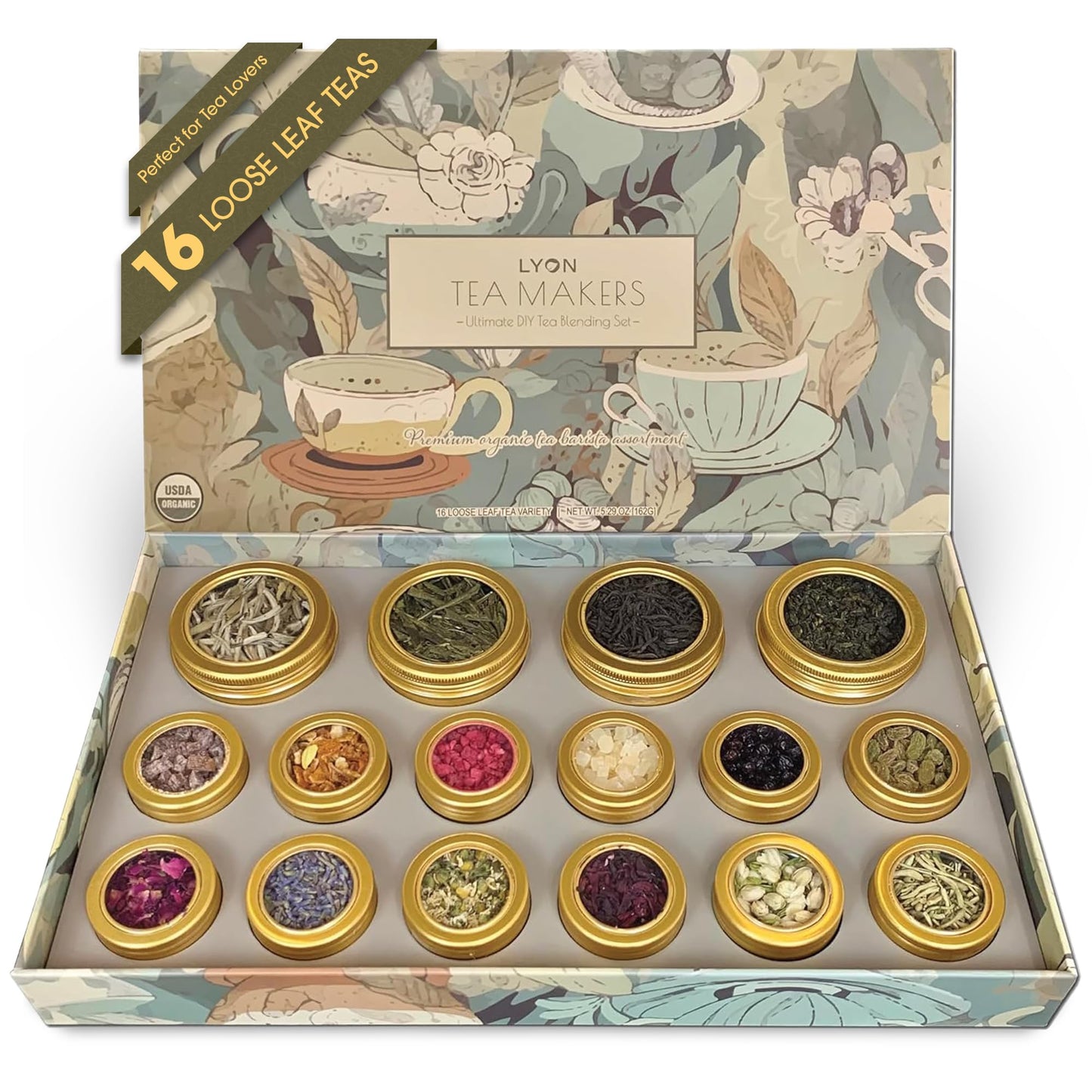 Lyon DIY Tea Blending Set-16 Tin Variety Pack-Premium Herbal Tea & Exotic Floral/Fruit Flavor Infusers - Create 75+ Cups w/Assor