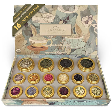 Lyon DIY Tea Blending Set-16 Tin Variety Pack-Premium Herbal Tea & Exotic Floral/Fruit Flavor Infusers - Create 75+ Cups w/Assor