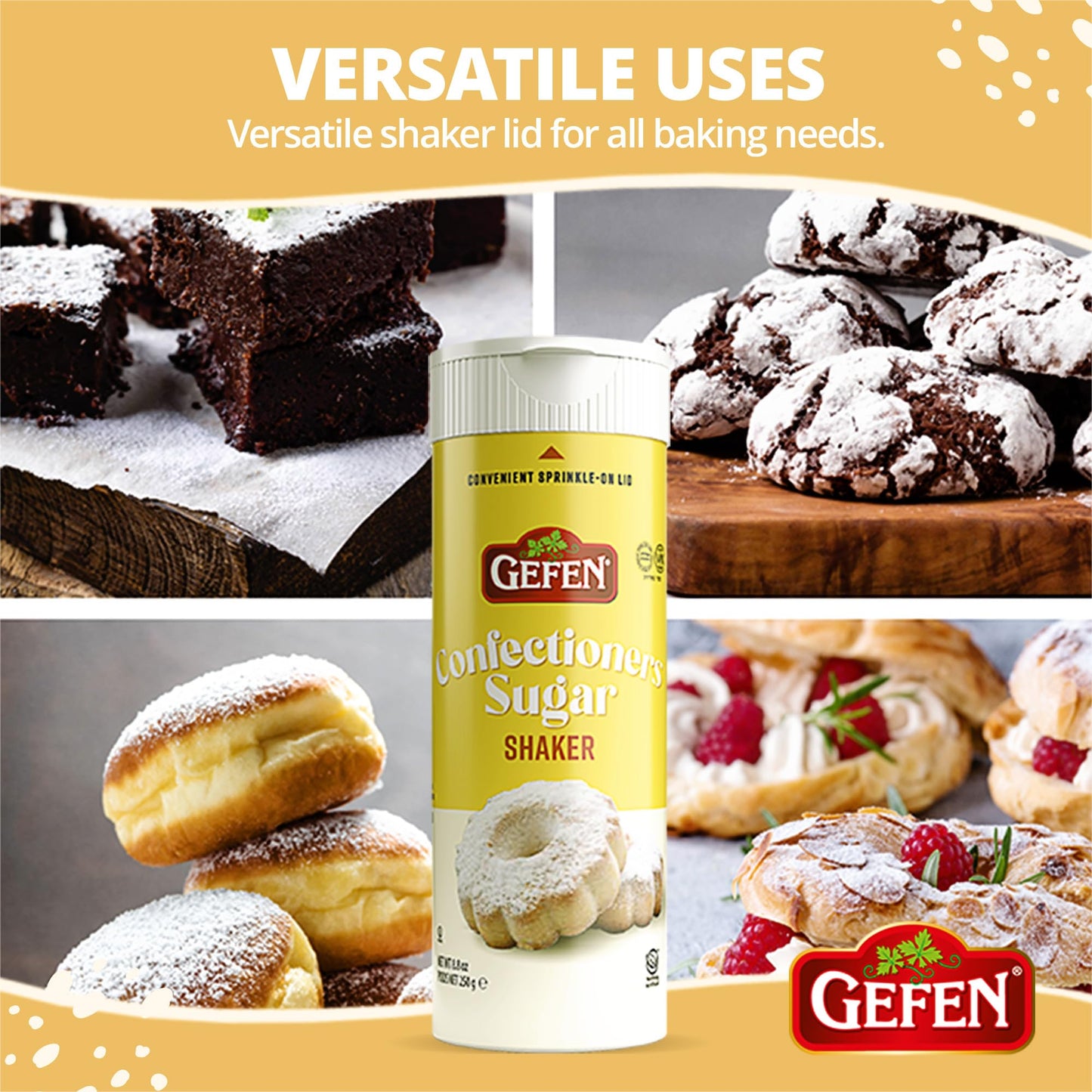 Gefen Confectioners Sugar Shaker, Powdered Sugar, Corn Free, Gluten Free, 8.8oz (2 Pack)