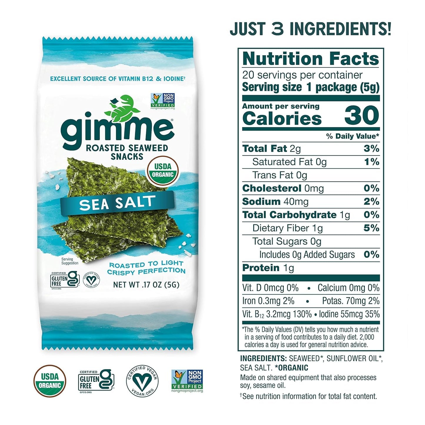 gimMe Organic Roasted Sea  Sheets, Sea Salt, Keto, Vegan, Gluten Free, 0.17 Ounce (Pack of 20)