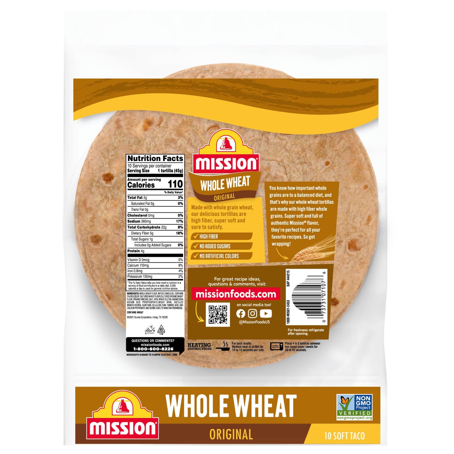 Mission Soft Taco Whole Wheat Tortillas, Medium Size, 10 Count, Whole Grain