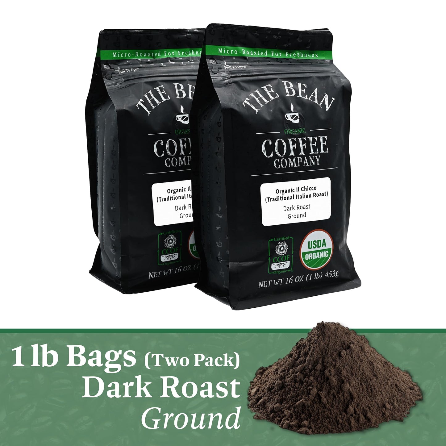 The Bean Organic Coffee Company Il Chicco (Traditional Italian Roast), Dark Roast, Ground Coffee, 16-Ounce Bags (Pack Of 2),Café Molido Tostado Organico