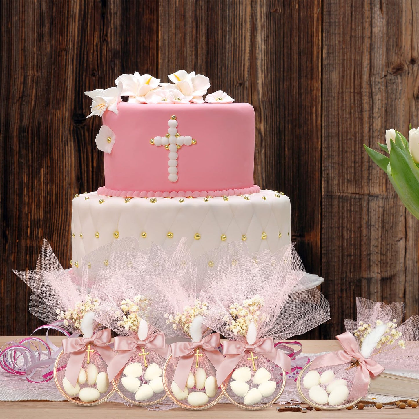 Geelin 24 Set Baptism Almond Candy Favors Christening Tulle Bags Rings Ribbion DIY Party Candy Bags First Communion Favors for G