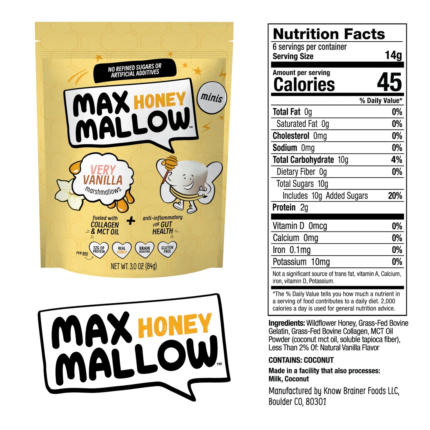 Max Mallow Very Vanilla Mini Honey Marshmallows - Gut Friendly, Gluten Free, No Refined Sugars, Real Wildflower Honey, Collagen-