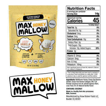 Max Mallow Very Vanilla Mini Honey Marshmallows - Gut Friendly, Gluten Free, No Refined Sugars, Real Wildflower Honey, Collagen-