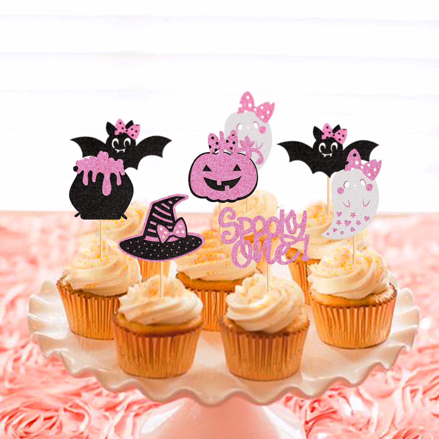 Ercadio 36 Pack Spooky One Cupcake Toppers Glitter Pink Halloween Cupcake Toppers Ghost Pumpkin Witch Hat Cupcake Picks For Hall