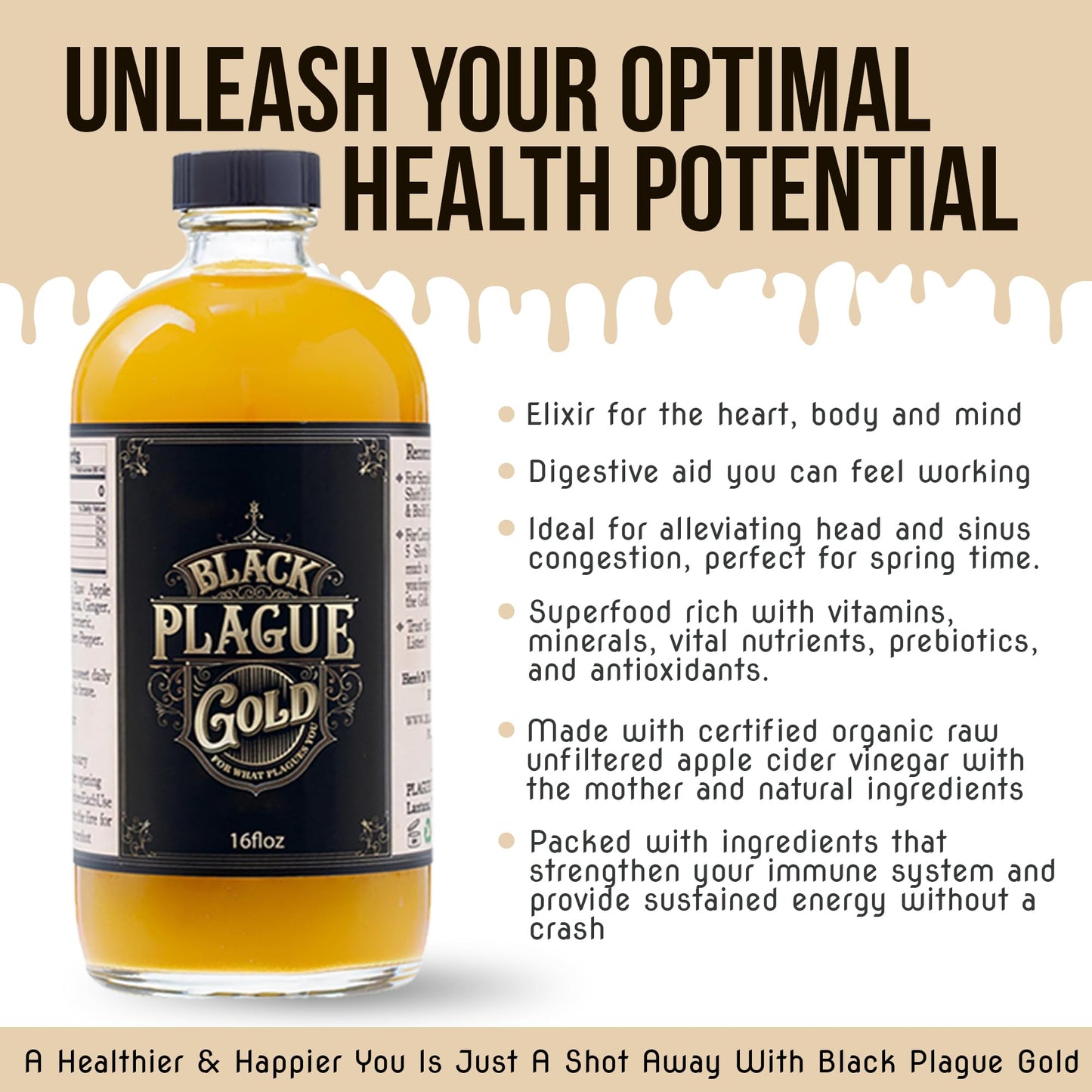 BLACK PLAGUE GOLD Fire Cider Elixir - Raw Apple Cider Vinegar, Small Batch, Sugar-Free, 16 Fl Oz