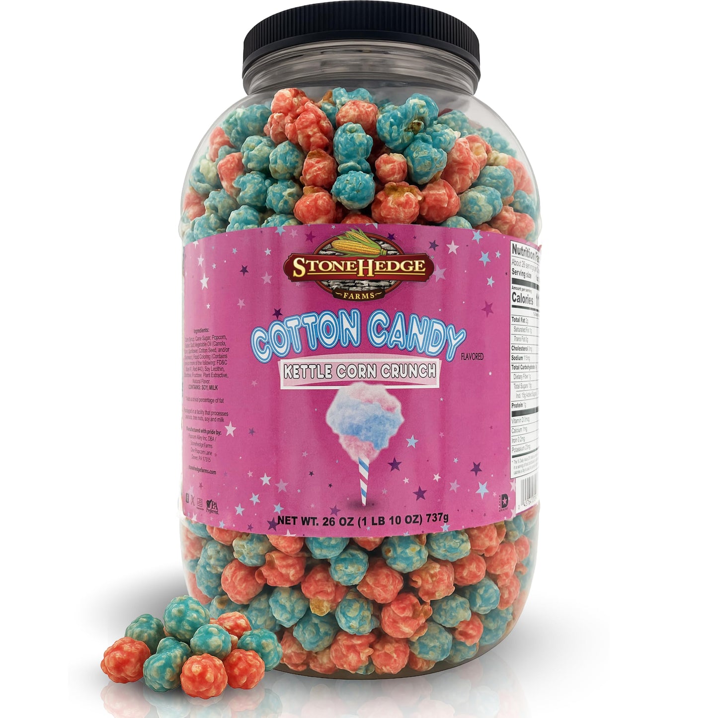 Stonehedge Farms Cotton Candy Flavored Popcorn | 26 Oz Large Tub | Perfect For Holidays  Christmas And Birthdays | Bulk Gourmet Popped Kettle Corn Sweet Snacks | Pop Corn Gift