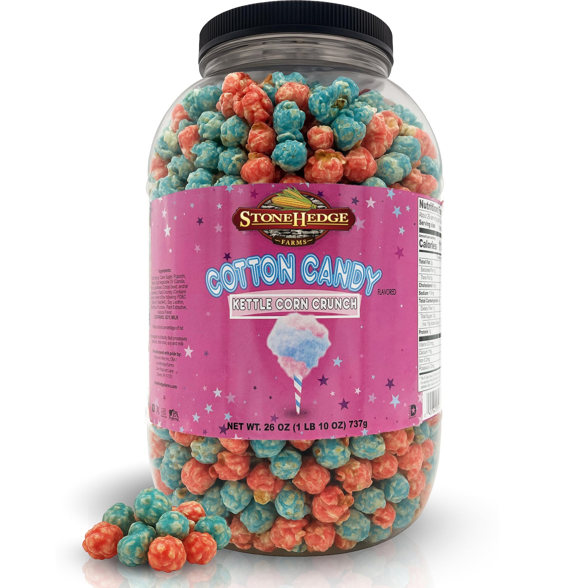 Stonehedge Farms Cotton Candy Flavored Popcorn | 26 Oz Large Tub | Perfect For Holidays  Christmas And Birthdays | Bulk Gourmet Popped Kettle Corn Sweet Snacks | Pop Corn Gift