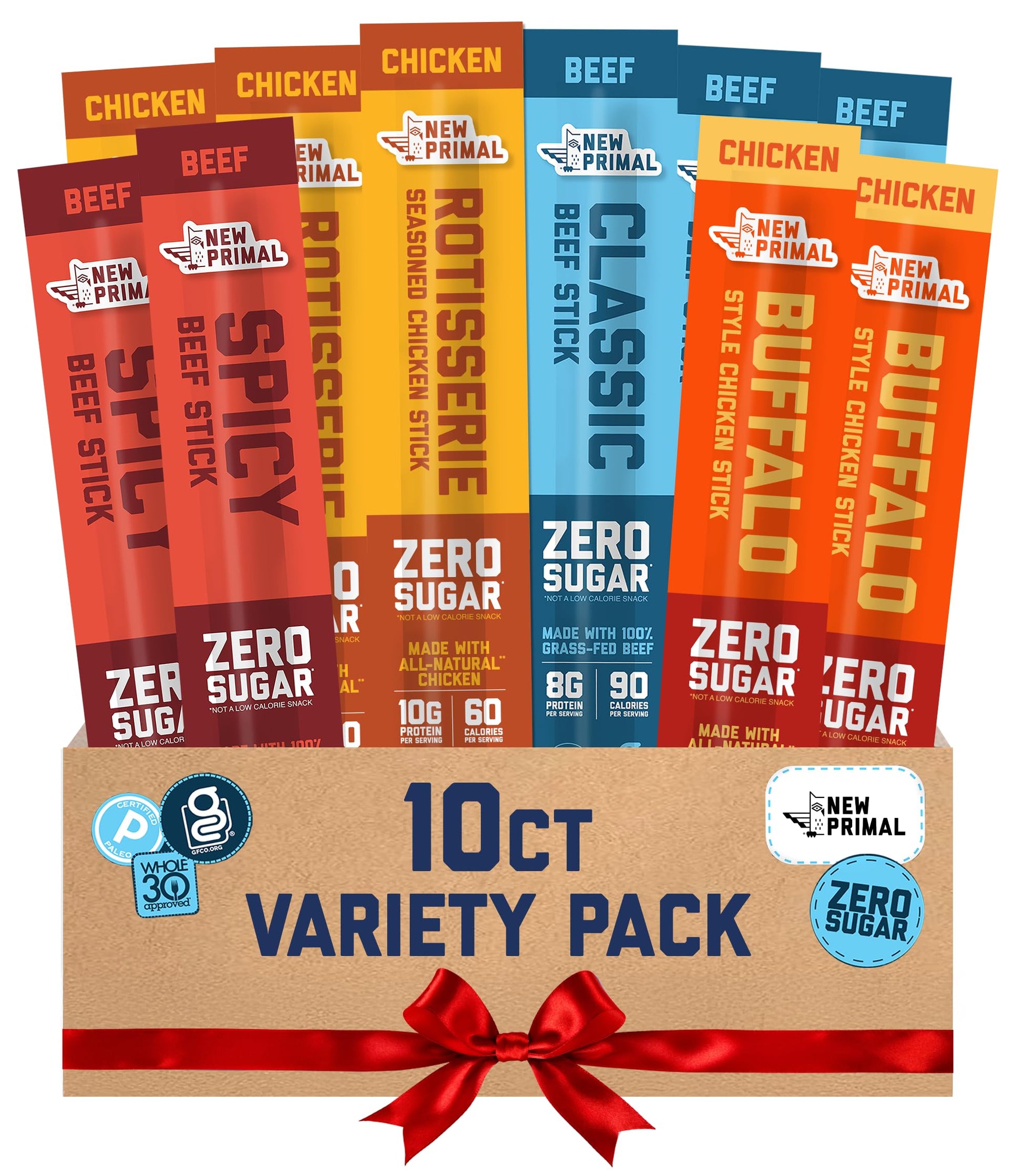 New Primal Meat Sticks Sampler  Grass-Fed Beef  All Natural Chicken  Keto & Gluten Free Healthy Snacks for mature-themeds  Sugar Free Low Carb High Protein Snack  Jerky Gift Box  Variety Pack  10 Count