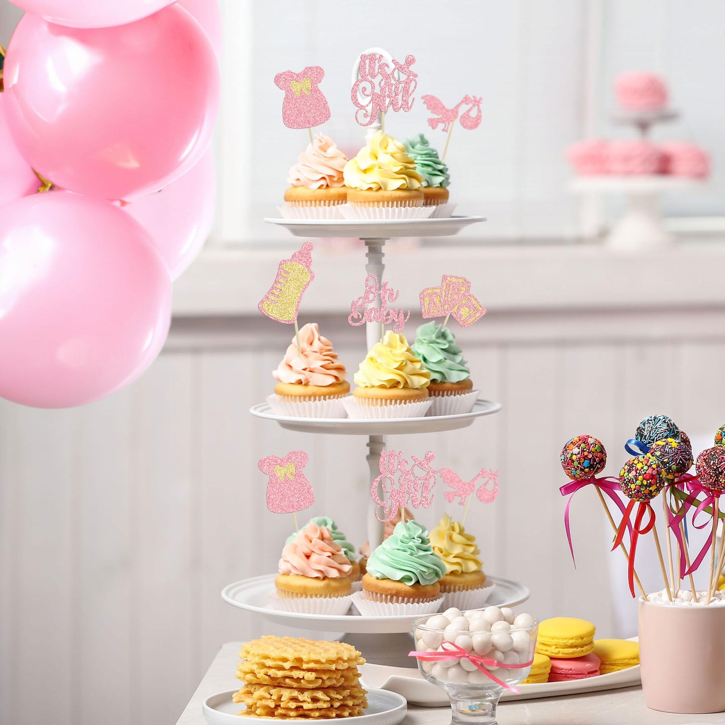 Gyufise 24Pcs Oh Baby Cupcake Toppers Glitter It'S A Girl Cupcake Picks Bow Dress Baby Bottle Baby Shower Cake Decorations For G