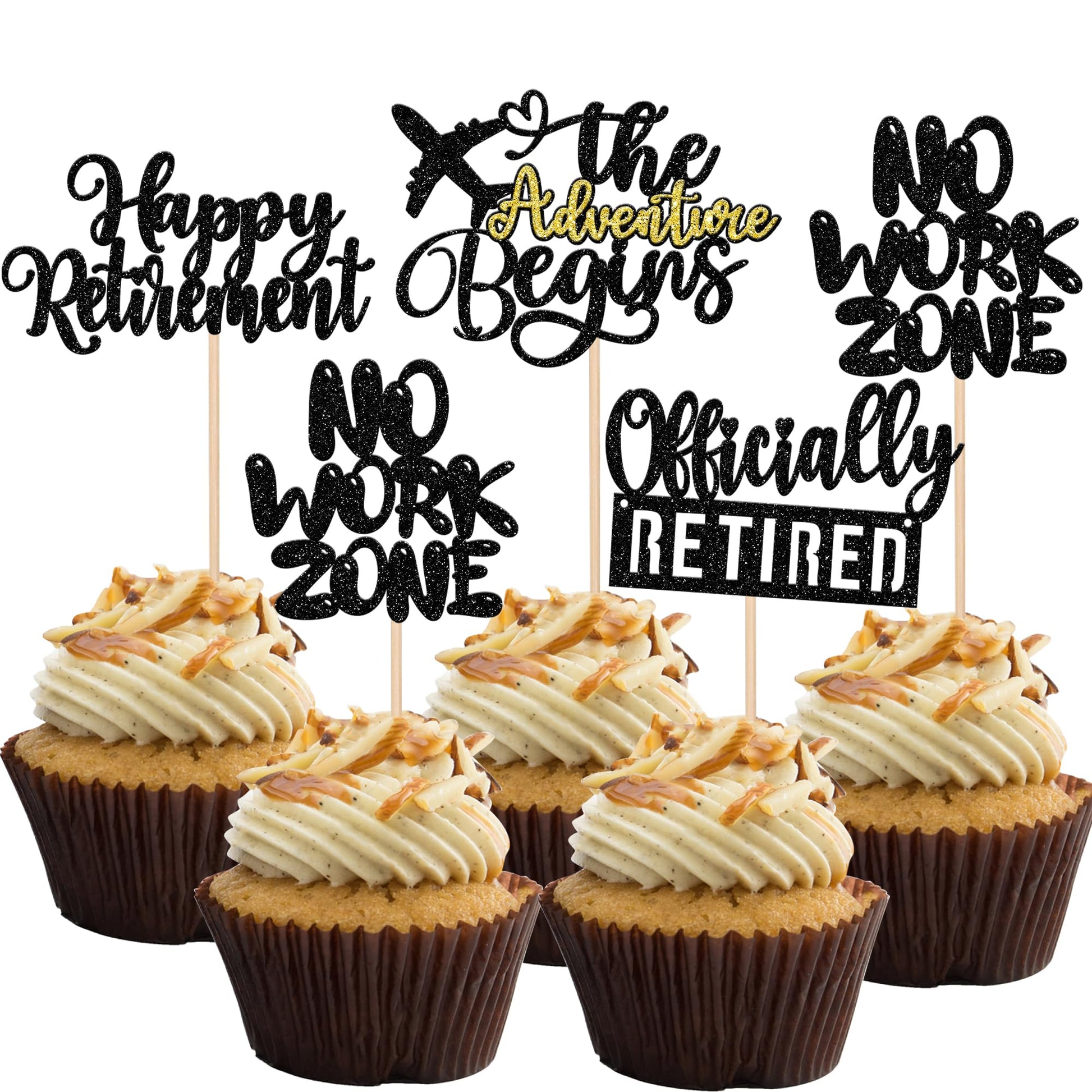 Rsstarxi Cupcake Toppers, Happy Retirement, Glitter, Paper, 2.4-4.5 inches, Design 3 Black, Party Decorations, 24 Pack