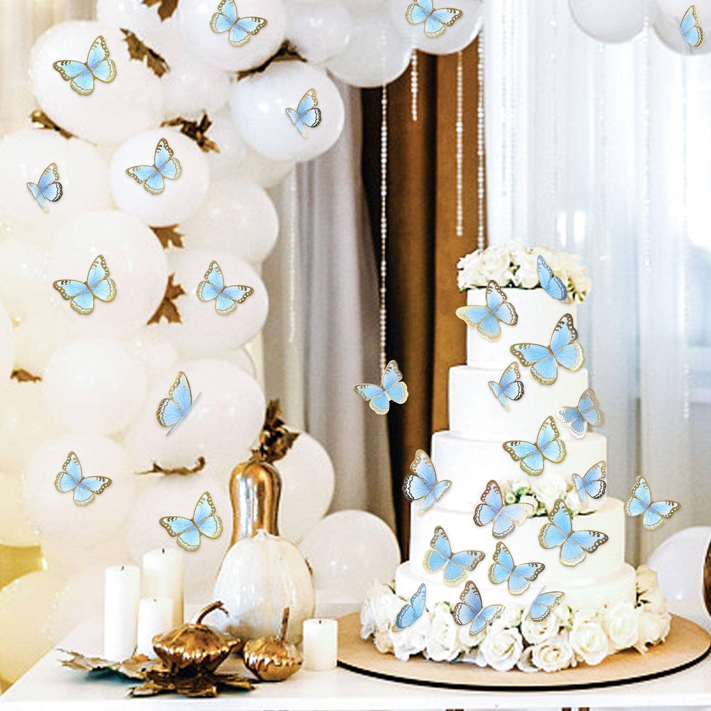 Cyodoos 30Pcs Blue Gold Edge Mixed Size Lively 3D Waterproof Butterfly Cupcake Topper For Girls Women'S Happy Birthday Wedding P