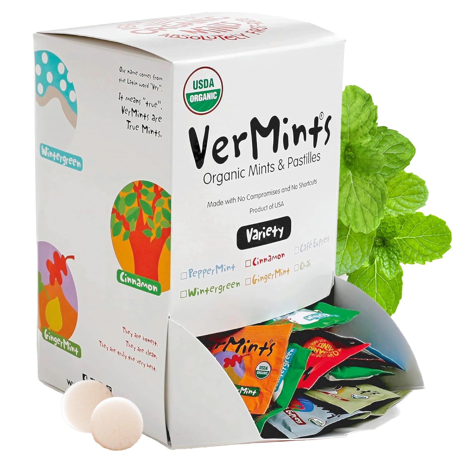 VerMints Organic Breath Mints - Travel Size Peppermints, Ginger Mints, Wintergreen, Cinnamon, Chai & Cafe Express Flavored Candy