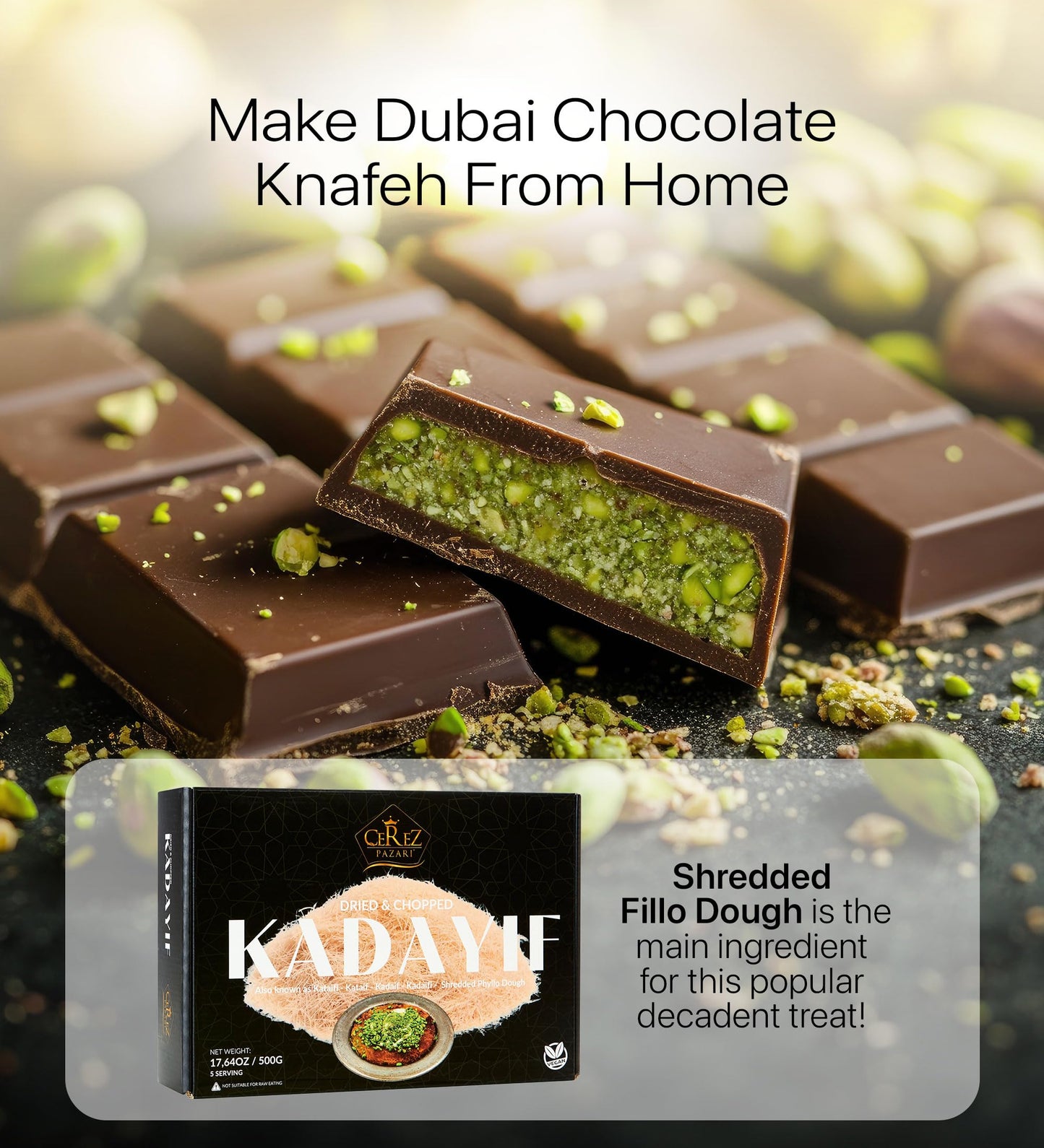 Cerez Pazari Kataifi Shredded Fillo Dough 1.1 lb. Shredded Phyllo Dough  Kadayif Ingredient For Dubai Chocolate Bar Pistachio  Raw  Dried  Chopped Kataifi Pastry  Knafeh  Kunafa