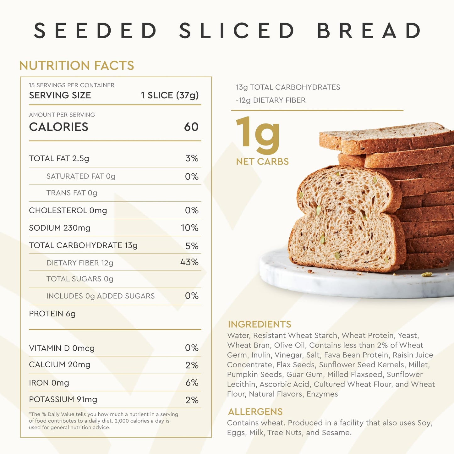 Hero Seeded Bread — Delicious Bread With 1G Net Carb, 0G Sugar, 60 Calories, 12G Fiber Per Slice | Tastes Like Regular Bread | Low Carb & Keto Friendly Bread Loaf —15 Slices/Loaf, 4 Loaves