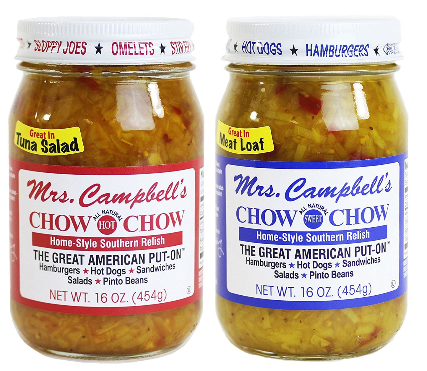GOLDING FARMS 2 Pack - Mrs. Campbells Chow Chow - One 16oz Jar of Each: Hot and Sweet