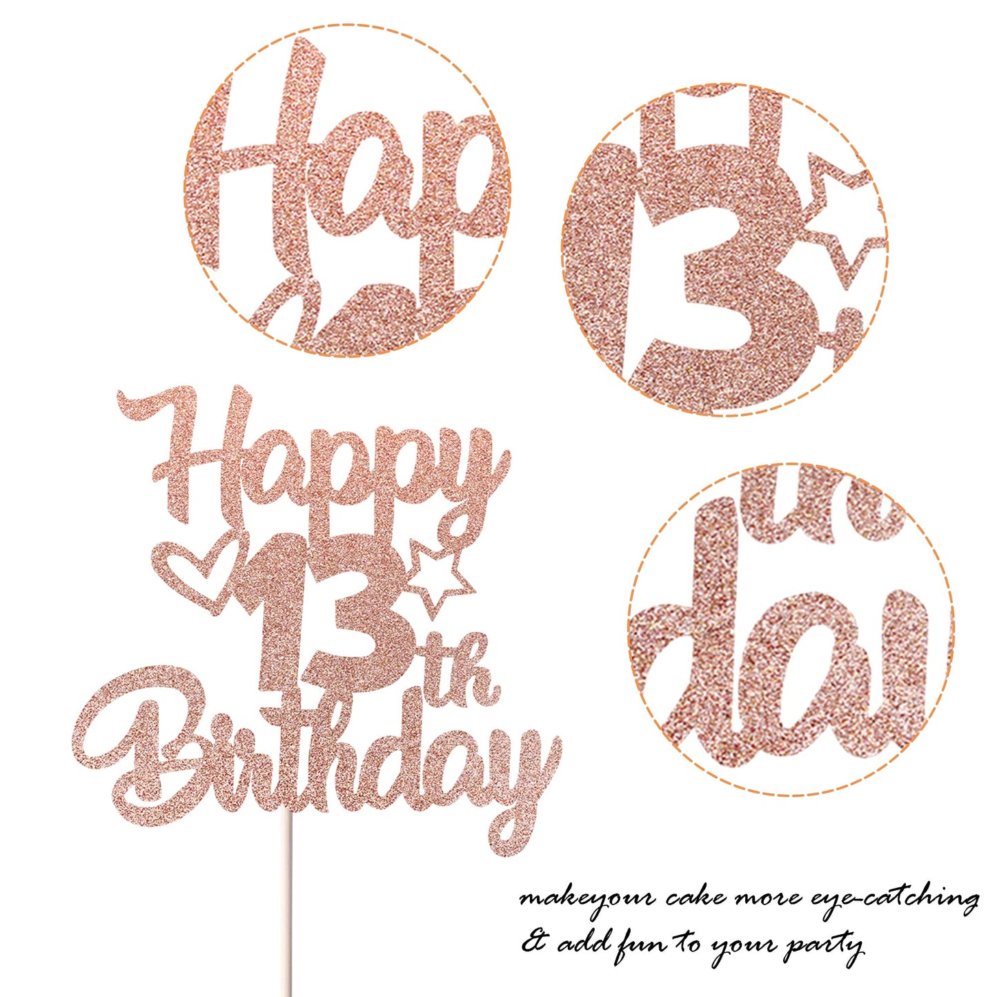 YCTHUNFISH Happy 13th Birthday Cake Topper, Glitter Heart Star Design, Rose Gold, Paper
